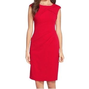 Adrianna Papell Pleated Crepe Sheath Dress in Poppy Red Cap Sleeve Knee Length